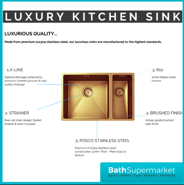 Ellsi Elite 1.5 Undermounted-Insert Sink 670x440 & Wastes Brushed Gold Kitchen Sink