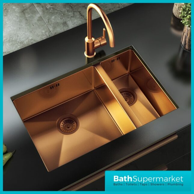 Ellsi Elite Brushed Copper 1.5 Undermounted Or Inset Kitchen Sink 670mm x 440mm With Waste