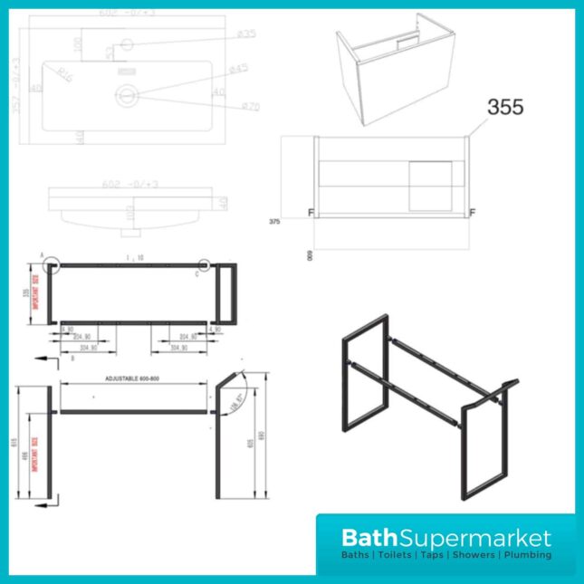 Kore White Gloss Wall Mounted Drawer Vanity Unit Black Frame & Basin 600mm - Image 4