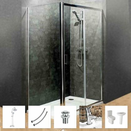 Sliding Door Bathroom Suite with 4 Piece Set Tap & Shower Full Package Deal