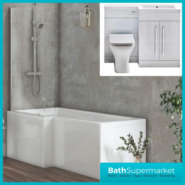Complete Bathroom Suite with 1700mm L-Shaped Bath & 1100mm Vanity Basin Unit – Left Or Right Hand Option