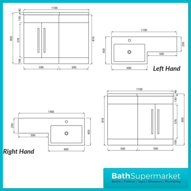 Complete Bathroom Suite with 1700mm L-Shaped Bath & 1100mm Vanity Basin Unit – Left Or Right Hand Option