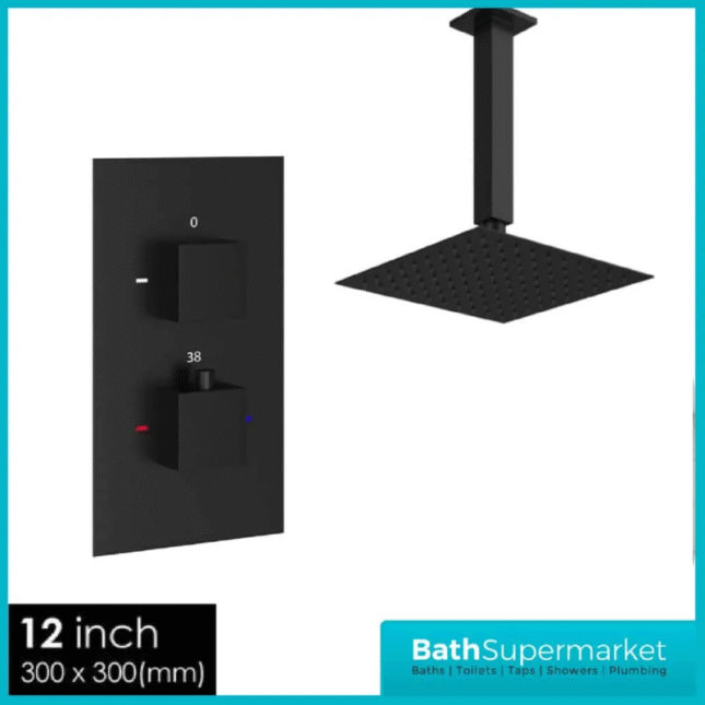 Mono Black Square Shower Concealed Valve Package + Ceiling Mounted Head