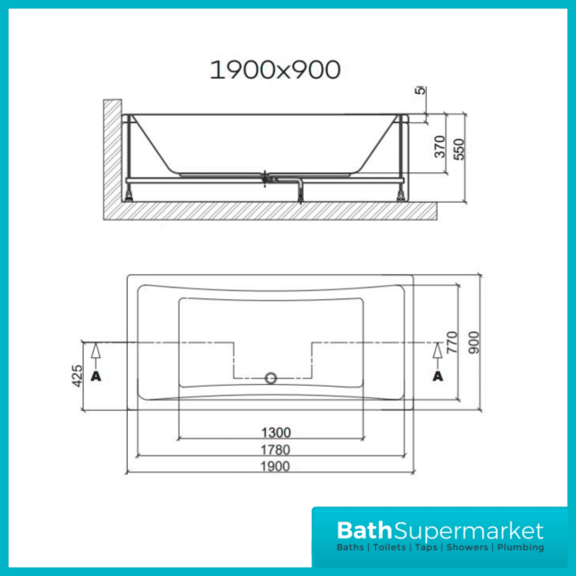 Titan Toreno Square 1900mm x 900mm Double Ended Bath-NTH - Image 2