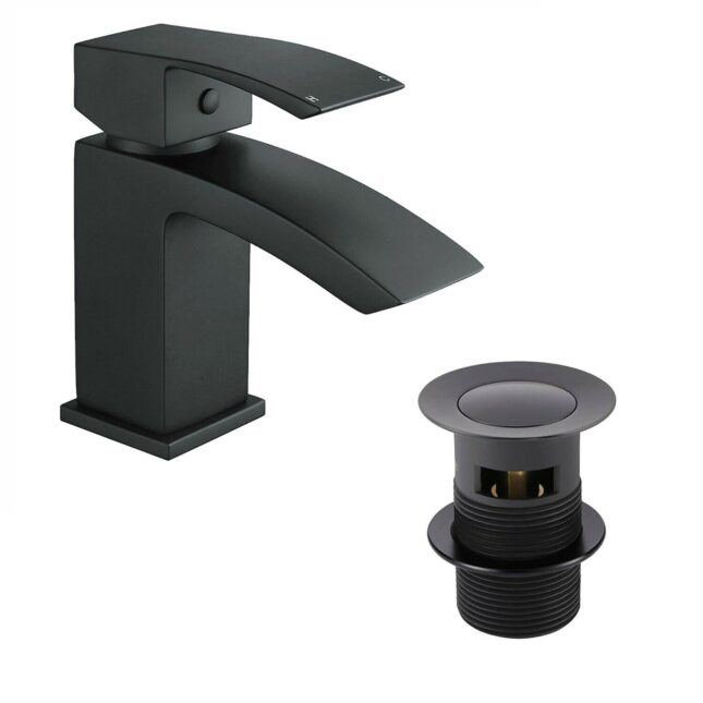 Sognare Descent Mini Black Square Mono Basin Mixer Tap & Clicker Waste - Image 5