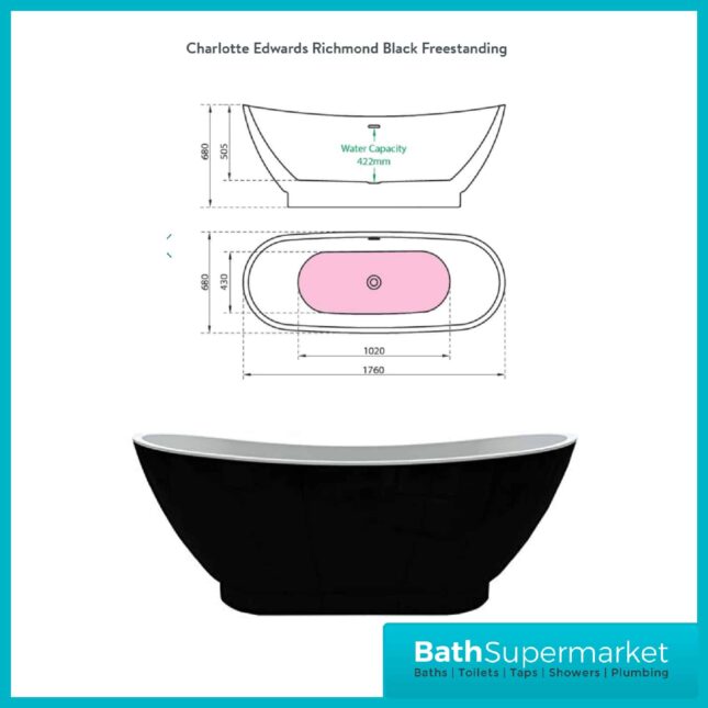 Charlotte Edwards Richmond Modern Gloss Black Freestanding Bath 1760 x 680mm - Image 10