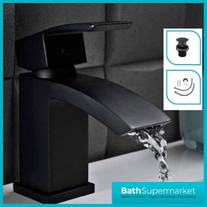 Descent Black Square Body Mono Basin Mixer Tap-Clicker Waste