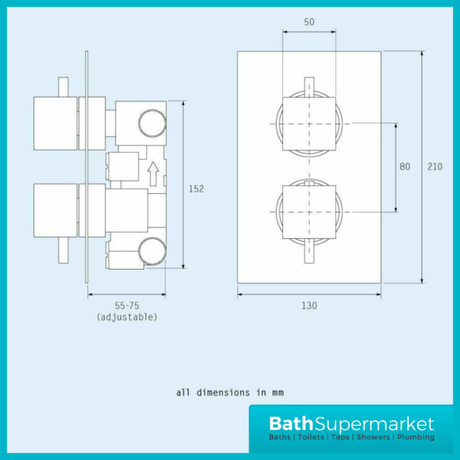 Chrome Square Pure Concealed Thermostatic Shower Valve- 2 Way .