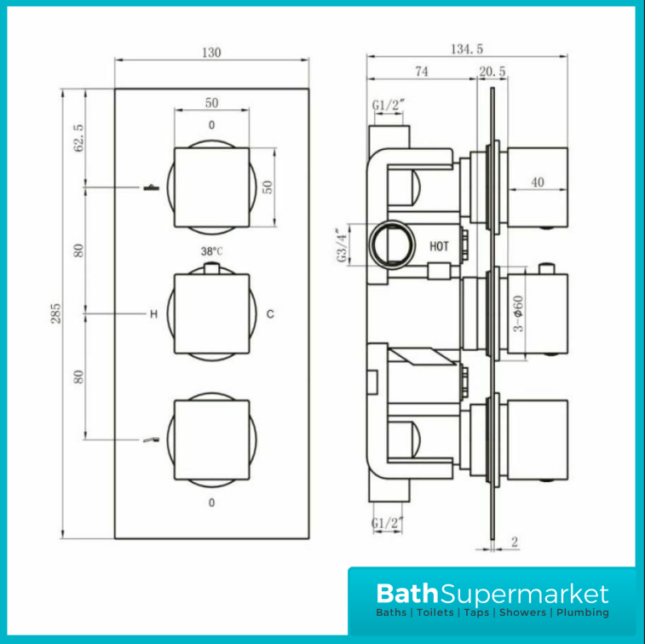 Pure Triple 3 Dials Concealed Thermostatic Shower Valve Chrome-3 Way