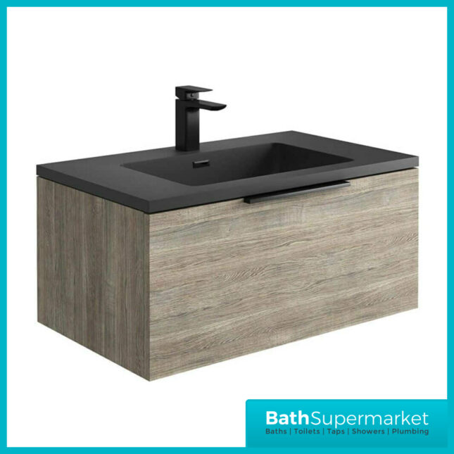 Aqua Sognare Grey Oak 800mm Wall Hung Vanity Unit With LED Lights