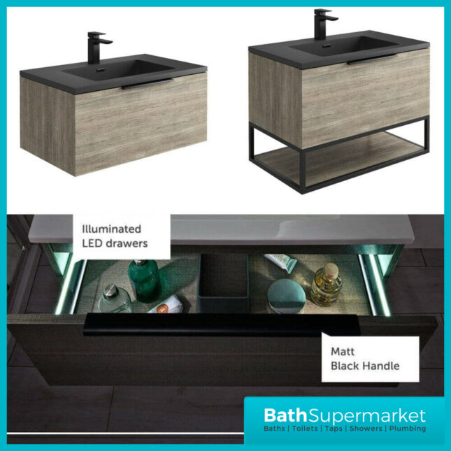 Aqua Sognare Grey Oak 800mm Wall Hung Vanity Unit With LED Lights