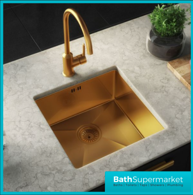 Ellsi Elite Brushed Gold Undermounted Or Inset Kitchen Sink Square 440mm With Waste - Image 3