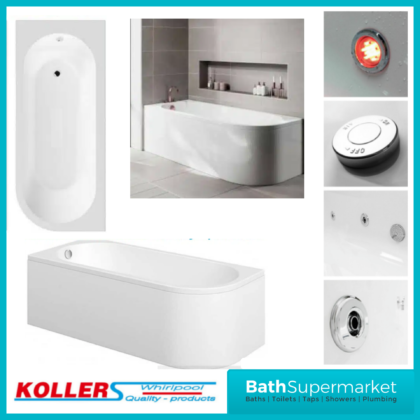 Koller J-Shaped Whirlpool Spa Bath 1695x725mm -Inc Panel