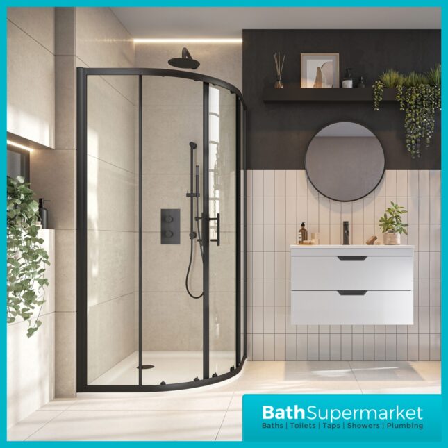 Sabine Matt Black 900mm x900mm Quadrant Shower Enclosure -1850mm Tall