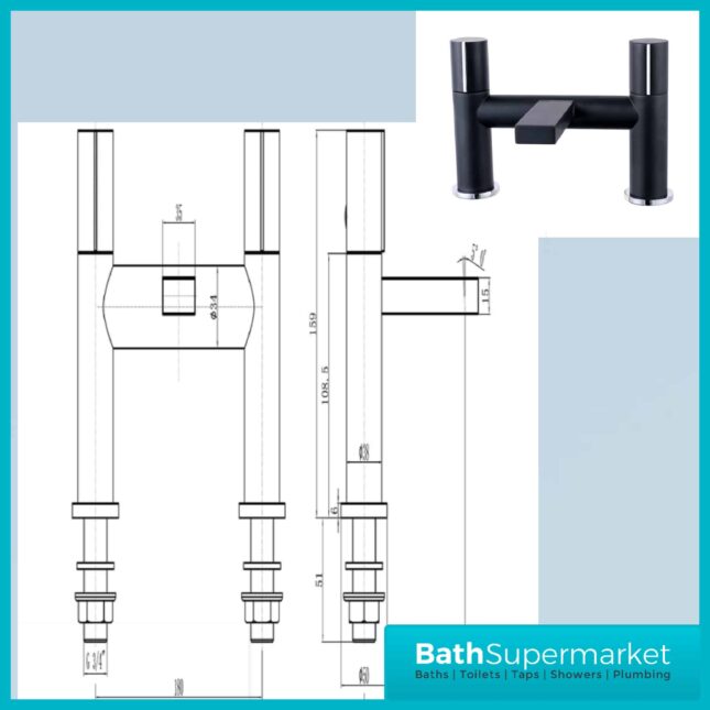 Divock Matt Black Square Twin Lever Bath Filler Tap - Image 6