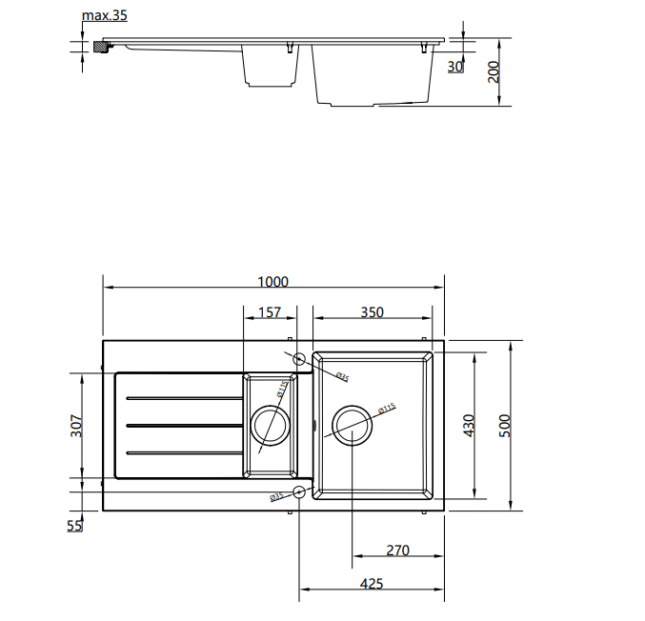 Ellsi Comite 1.5 Bowl Inset 1000 x 500 Matt Black Kitchen Sink - Image 4