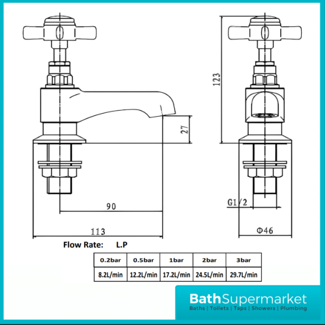 Kartell K-Vit Chrome Klassique Crosshead Pair Hot & Cold Basin Pillar Mounted Taps