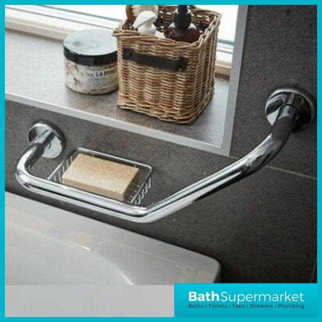Angled Grab Bar With Soap Dish - 470MM-Chrome-GB67 - Image 2