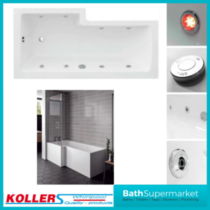 Koller Square Single Ended L-Shaped Whirlpool Jet Spa Bath 1800mm Panel & Screen With Light Option