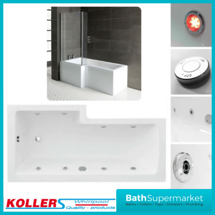 Koller Square Single Ended L Shaped Whirlpool Jet Spa Bath 1700mm Panel & Screen With Light Option