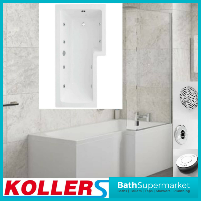 Koller Square Single Ended L-Shaped Whirlpool Jet Spa Bath 1800mm Panel & Screen With Light Option