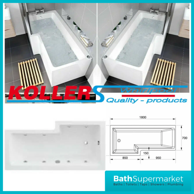 Koller Square Single Ended L-Shaped Whirlpool Jet Spa Bath 1800mm Panel & Screen With Light Option