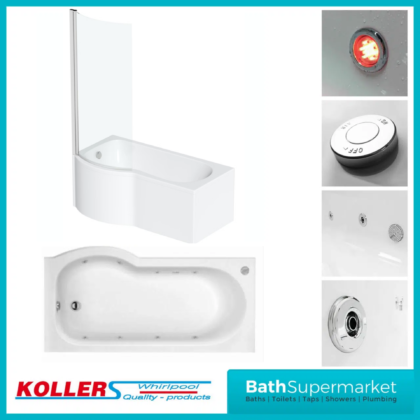 Koller Round Single Ended P Shape Whirlpool Jet Spa Bath 1700mm Front Panel & Screen With Light Option