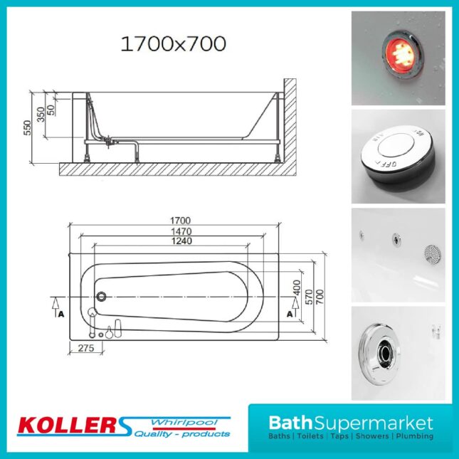 Koller Sydney Round Single Ended Whirlpool Jet Spa Bath 1700mm x 700mm With Light Option - Image 2