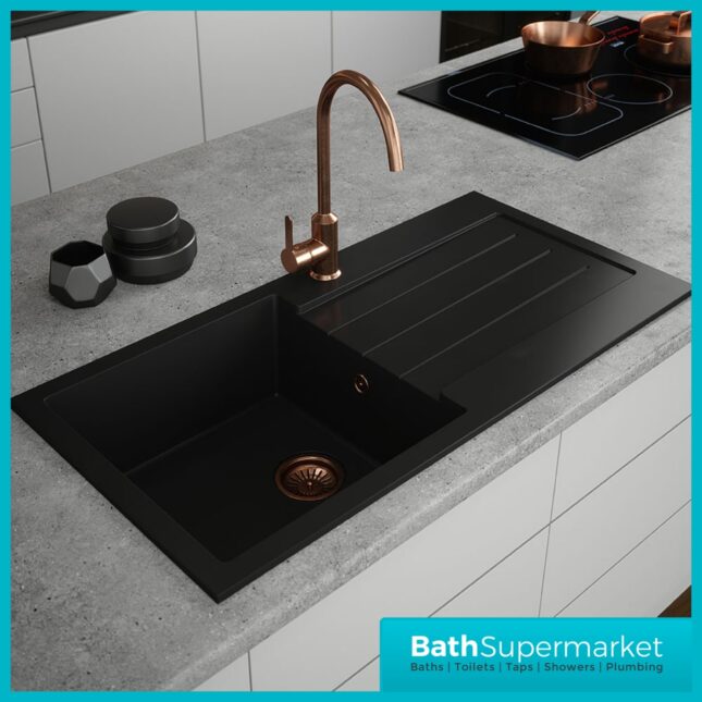 Ellsi Comite Granite Single Bowl Kitchen Sink & Waste - Black (19904) Black Resin Based GRP