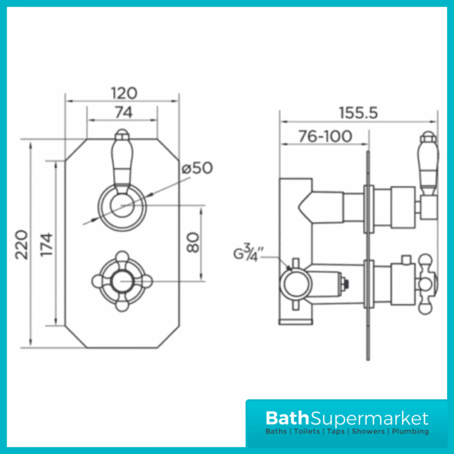 Klassique Chrome Concealed Thermostatic Shower Valve-2 Way
