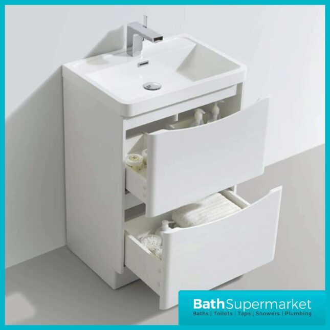 Cassellie Bali Gloss White Floor Standing Drawer Unit & Basin 600mm Wide - Image 2