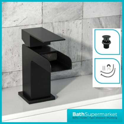 Mono Matt Black Waterfall Square Mixer Tap-Clicker Waste