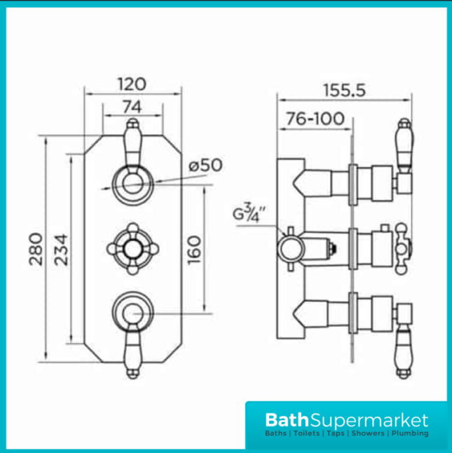 Klassique Concealed Chrome Thermostatic Shower Valve-2 Way