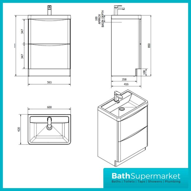 Cassellie Bali Concrete Floor Standing Vanity Unit 600mm