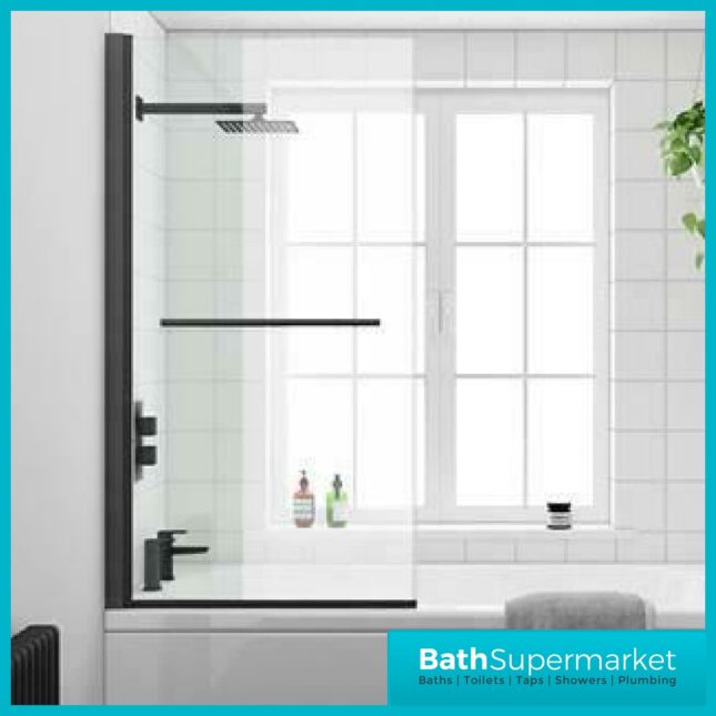 Matt Black Hinged Bath Screen With Towel Rail - Image 3
