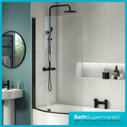 Matt Black P Shaped Hinged Bath Screen