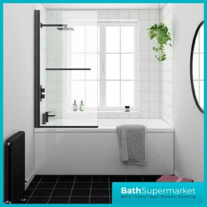 Matt Black Hinged Bath Screen With Towel Rail