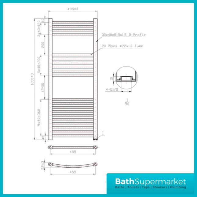 K-Rail Chrome Straight Heated Towel Rail 500mm Width x 1200mm Height