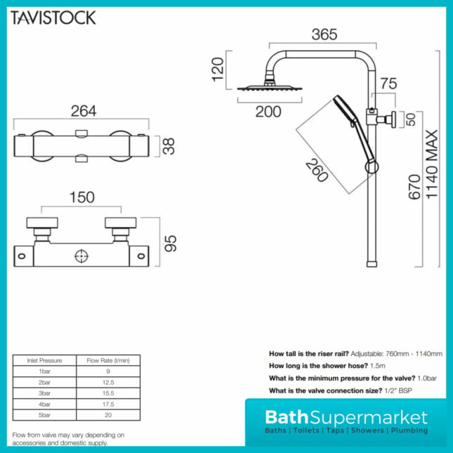 Tavistock Merit Black Dual Function Exposed Thermostatic Bar Valve Shower System