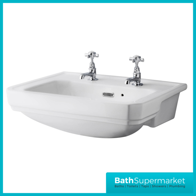Carlton Traditional White Gloss Semi Recessed 2 Tap Hole Basin 560mm