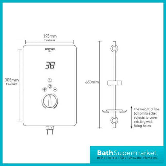 Bristan Glee Black Digital Display Electric Shower & Riser Kit 8.5kw-9.5kw-10.5kw Power