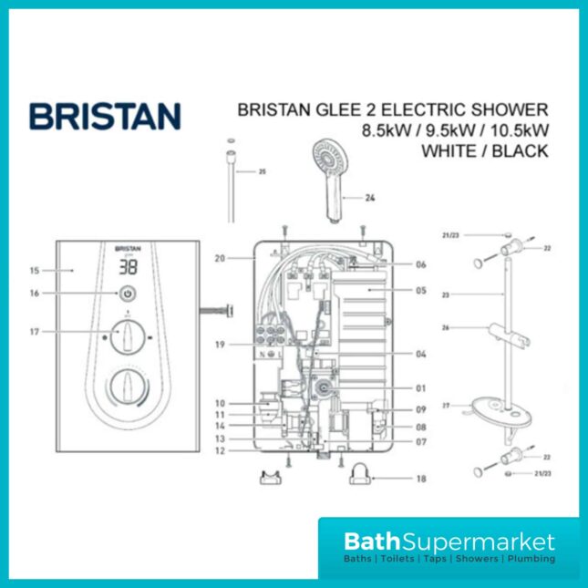 Bristan Glee Black Digital Display Electric Shower & Riser Kit 8.5kw-9.5kw-10.5kw Power