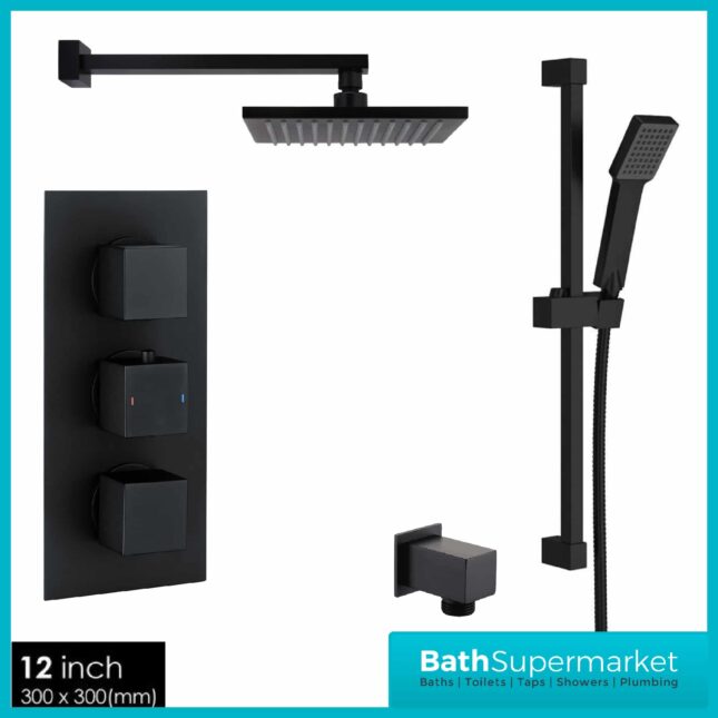 Mono Matt Black Square Concealed Valve + Slide Rail + Wall Arm