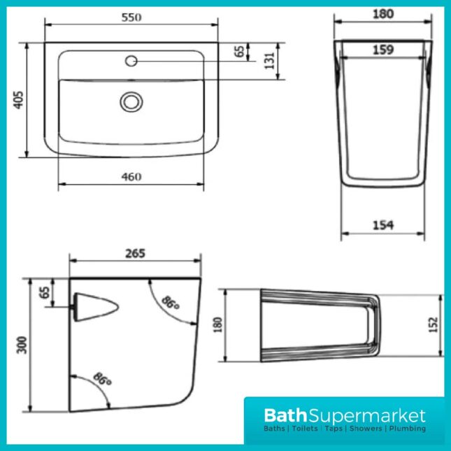 Options 550mm One Tap Hole Basin With Semi Pedestal - Image 2