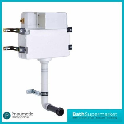 Manufacturing Code Of This Product Is TR9009 Comes In White Finish Ideal For Fully Tiled In Installations Size: 600mm x 138-194mm x 745mm [Width x Depth x Height] Internal Isolation Valve Pneumatic Flush Valve Flushing Volume: Full flush: 6 litres and Half flush 3 litres 0.2 - 10 Bar Working Pressure Range Top Or Front Flush Plate Mounting Side Entry Inlet Valve (1/2" BSP) 90° Flush Pipe Flush Pipe Securing Bracket Polystyrene Insulation Jacket Does Not Include Push Button ( See Push Button Section)