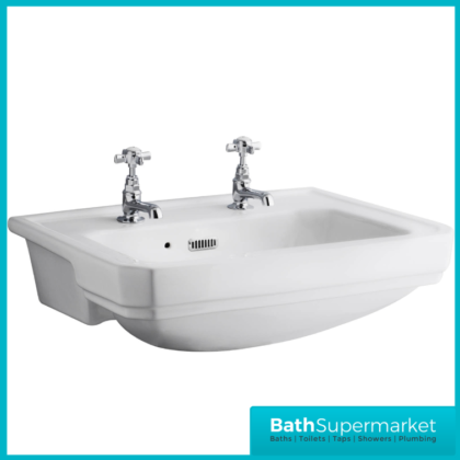 Carlton Traditional White Gloss Semi Recessed 2 Tap Hole Basin 560mm