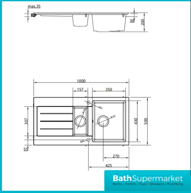 Ellsi Comite 1.5 Bowl Inset 1000 x 500 Matt Grey Kitchen Sink