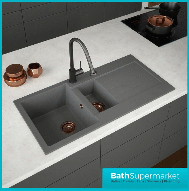 Ellsi Comite Matt Grey Kitchen 1.5 Sink & Drainer Bowl Inset 1000mm x 500mm