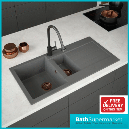 Ellsi Comite Matt Grey Kitchen 1.5 Sink & Drainer Bowl Inset 1000mm x 500mm