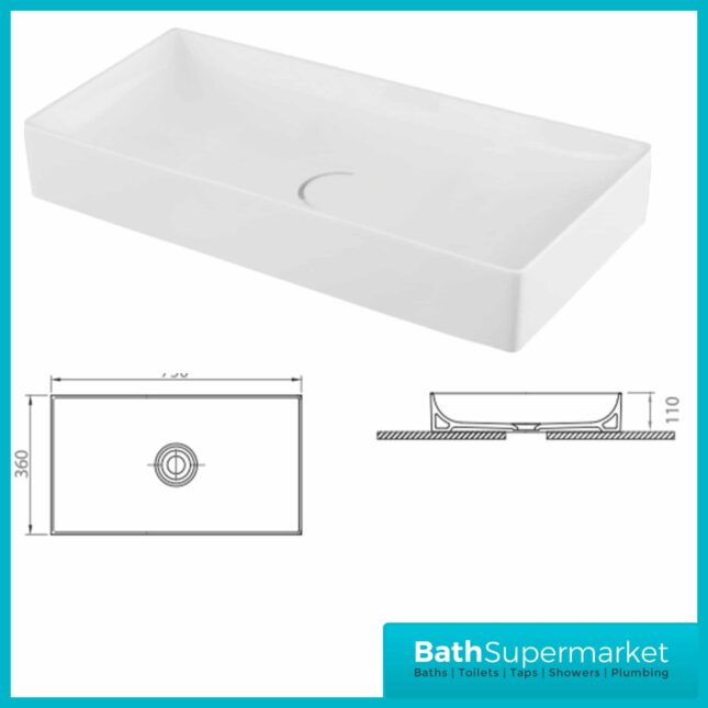 Sognare Stance Gloss White Sit On Countertop Rectangular Basin 750mm - Image 3